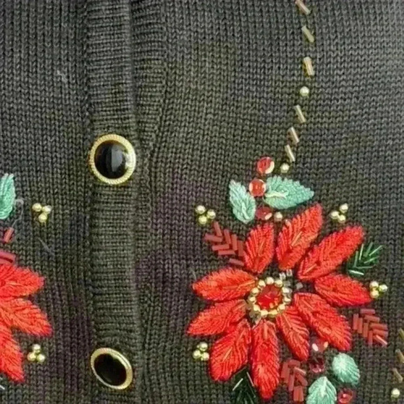 Theme Works by Kikit Cardigan Christmas Black Sequin Red Poinsettias - Picture 3 of 5